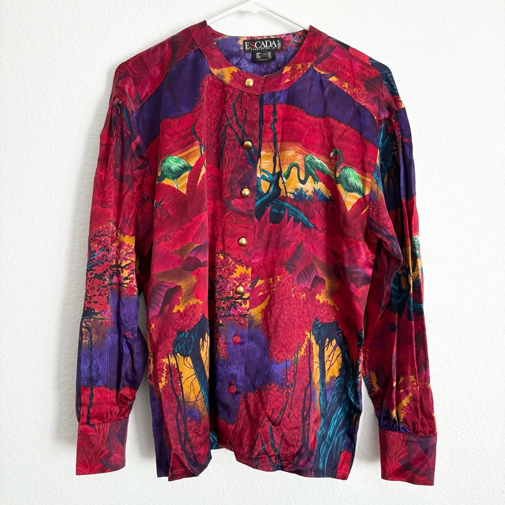 Escada Margaretha Ley Vintage Silk‎ Blouse Button Front Maximalist Tropical 38